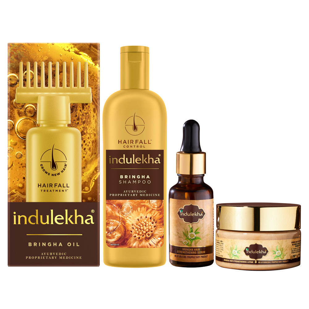 Indulekha Bringha: Oil 100ml + Shampoo 200ml + Hair Serum 30ml + Lepam (Hair Mask) 200ml